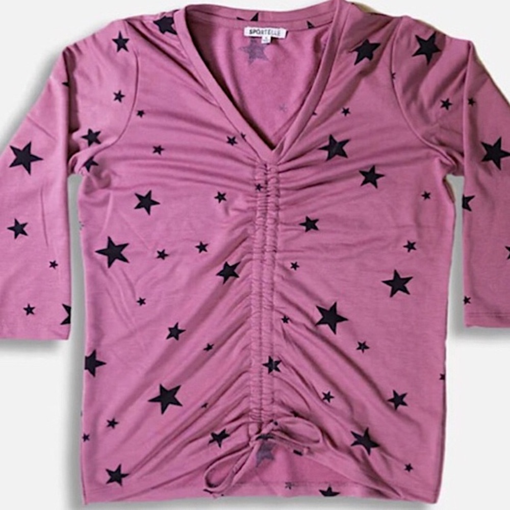 Sportelle Stars T-shirt Tee Top Pink and Black Ruched Draw Stretch Shirt New NWT